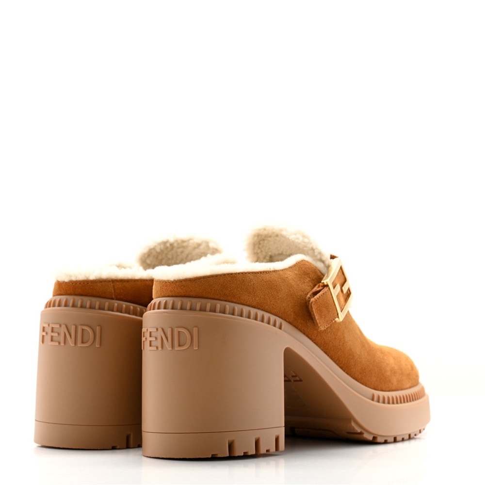 Fendi Tan Suede Shearling-Lined Mules with Gold Buckle - Picture 6 of 10